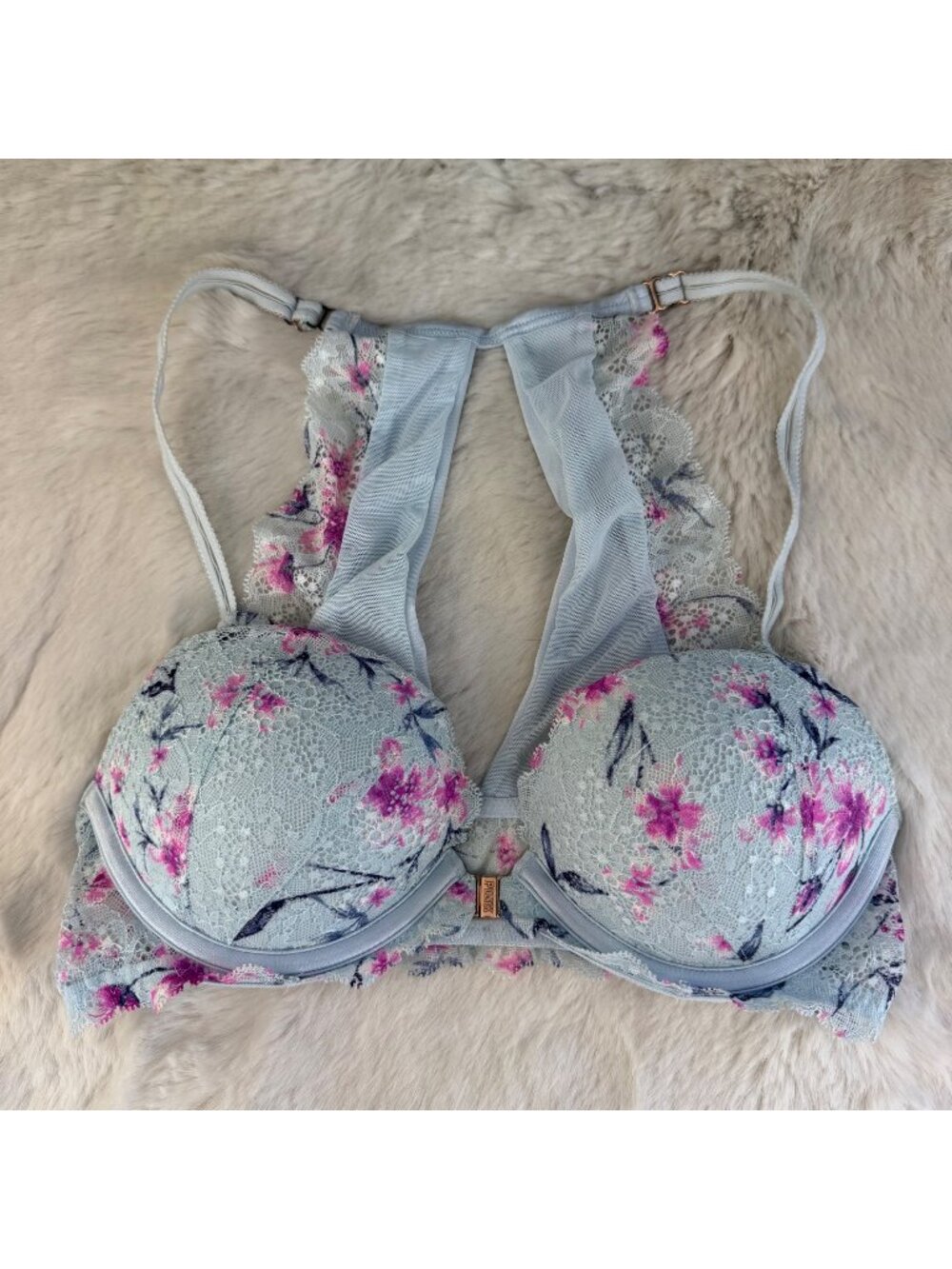 Pink Victorias Secret Floral Lace Date Push-Up Bra Light Blue & Pink sz 32C